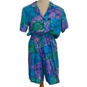 Vintage 1990s Esther tie dye romper 100% silk, purple turquoise women’s size S